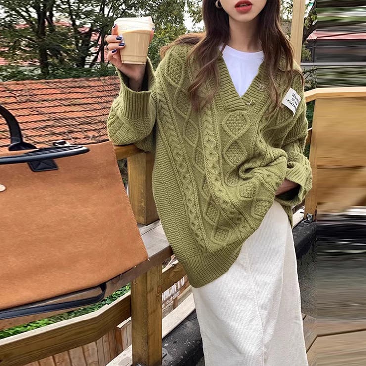 ゆるカワコーデ☆ミディ丈 レトロ編みVネックセーター | 17kg | 詳細画像4 