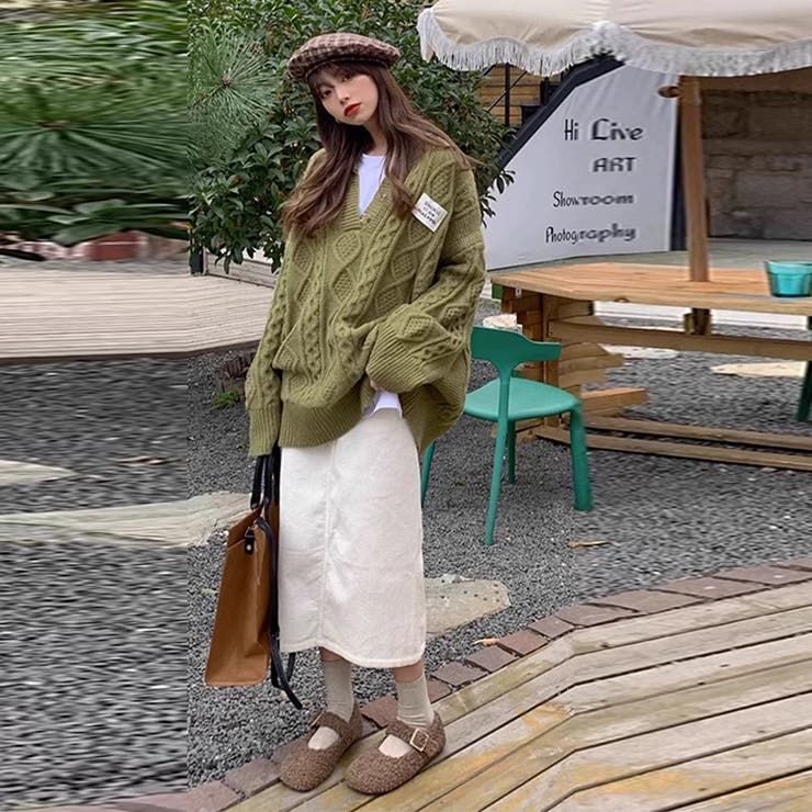 ゆるカワコーデ☆ミディ丈 レトロ編みVネックセーター | 17kg | 詳細画像5 