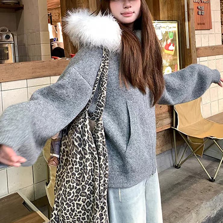 グレー | 甘辛系ガールズ☆大毛襟付き ニットカーディガン | 17kg