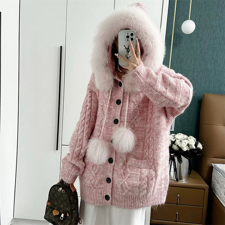 ゆるカワコーデ☆フォックスファー付きニットカーディガン フード