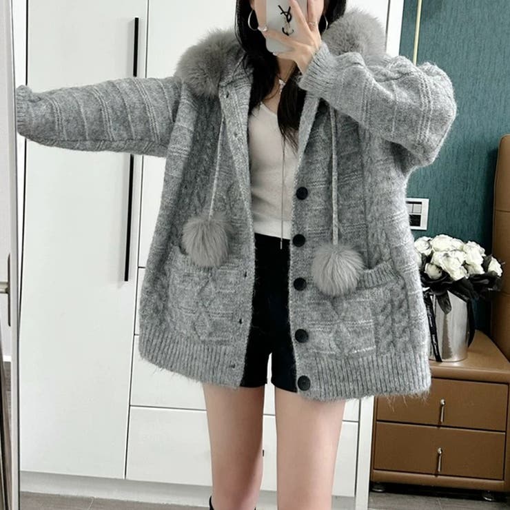 ゆるカワコーデ☆フォックスファー付きニットカーディガン フード
