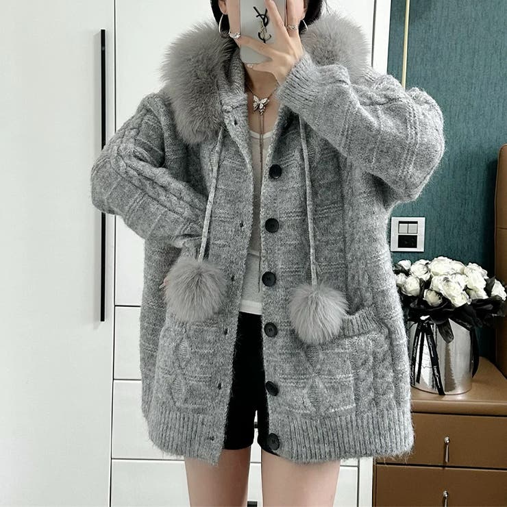 ゆるカワコーデ☆フォックスファー付きニットカーディガン フード