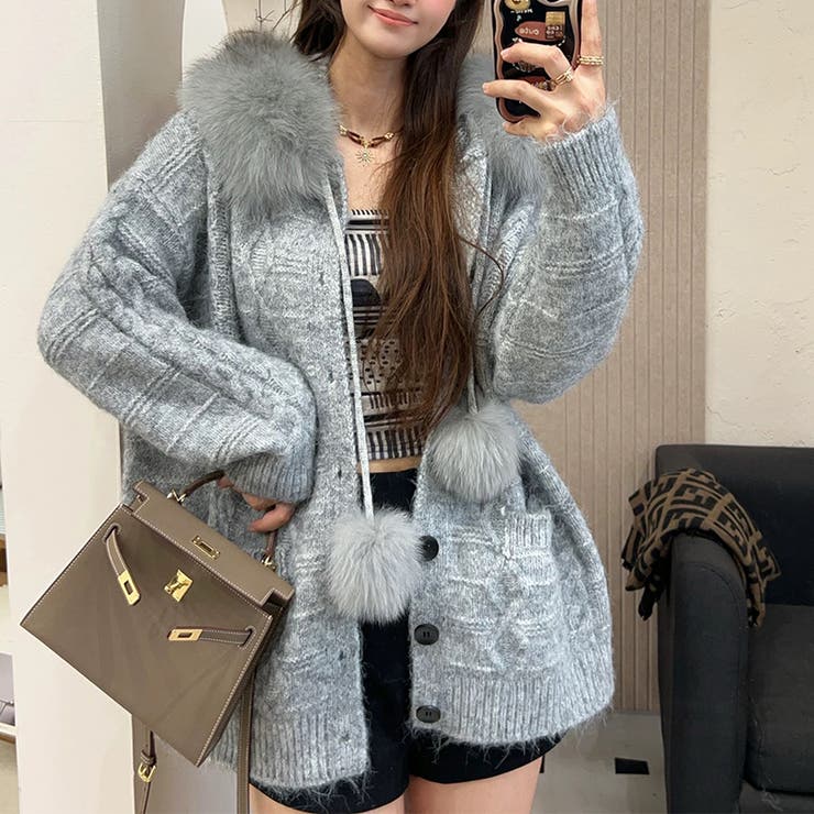 ゆるカワコーデ☆フォックスファー付きニットカーディガン フード