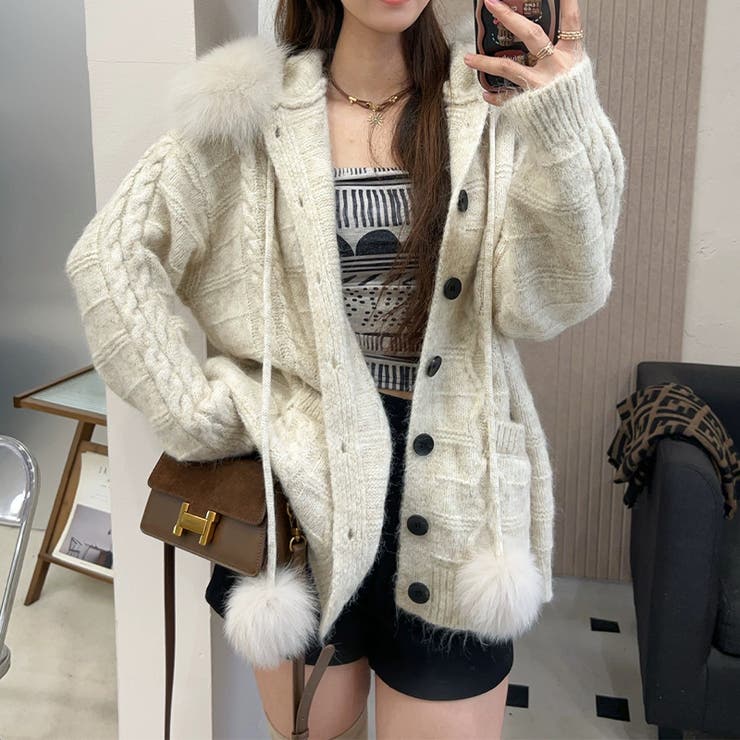 ゆるカワコーデ☆フォックスファー付きニットカーディガン フード