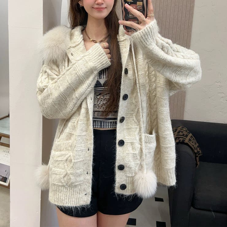 ゆるカワコーデ☆フォックスファー付きニットカーディガン フード