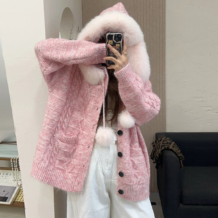 ゆるカワコーデ☆フォックスファー付きニットカーディガン フード