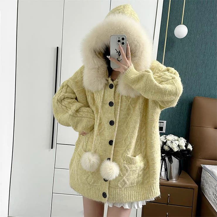 ゆるカワコーデ☆フォックスファー付きニットカーディガン フード