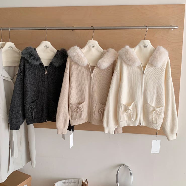 ゆるカワコーデ☆ファー襟付きニットカーディガン ゆったりフードアウター | 17kg | 詳細画像1 