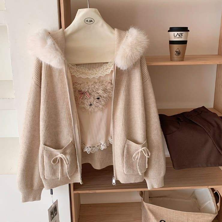 ブラウン | ゆるカワコーデ☆ファー襟付きニットカーディガン ゆったりフードアウター | 17kg