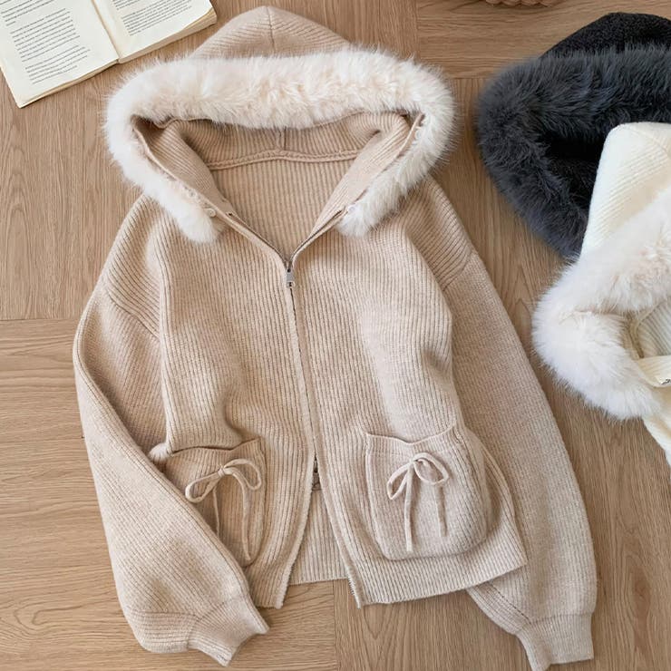 ゆるカワコーデ☆ファー襟付きニットカーディガン ゆったりフードアウター | 17kg | 詳細画像7 