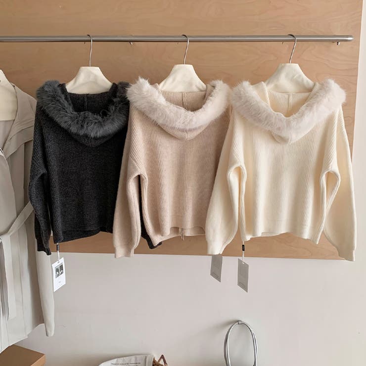 ゆるカワコーデ☆ファー襟付きニットカーディガン ゆったりフードアウター | 17kg | 詳細画像14 