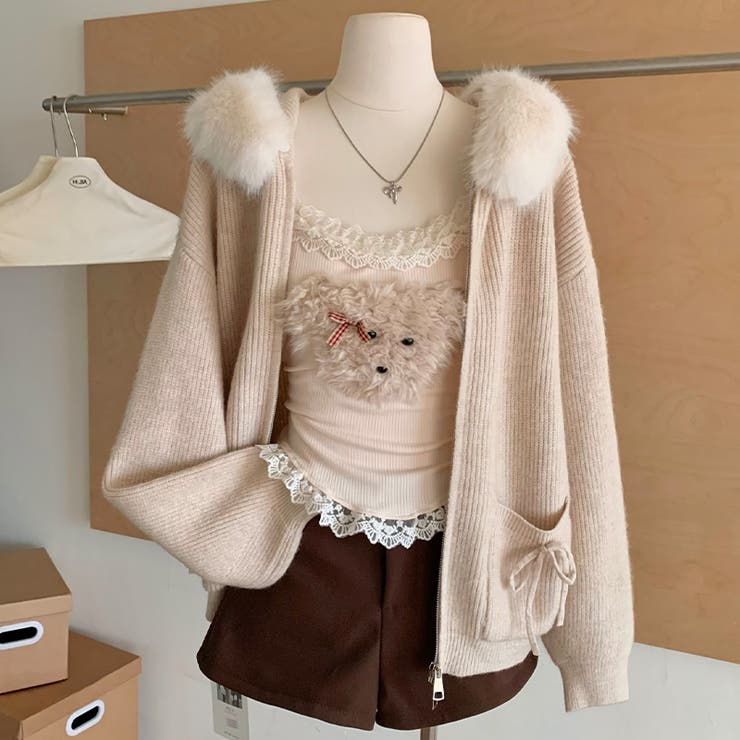 ゆるカワコーデ☆ファー襟付きニットカーディガン ゆったりフードアウター | 17kg | 詳細画像6 