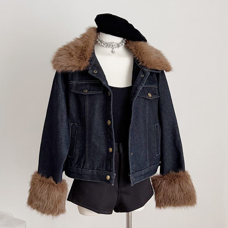 甘辛系ガールズ☆デニムジャケット フェイクファー襟付き裏起毛アウター | 17kg | 詳細画像1 