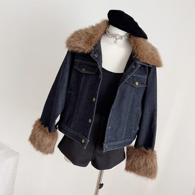 甘辛系ガールズ☆デニムジャケット フェイクファー襟付き裏起毛アウター | 17kg | 詳細画像2 