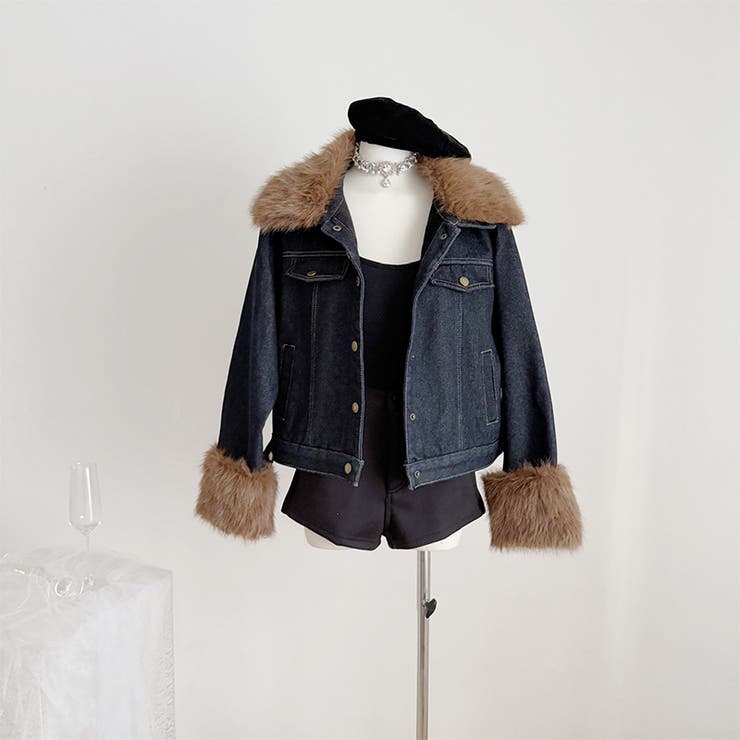 甘辛系ガールズ☆デニムジャケット フェイクファー襟付き裏起毛アウター | 17kg | 詳細画像3 