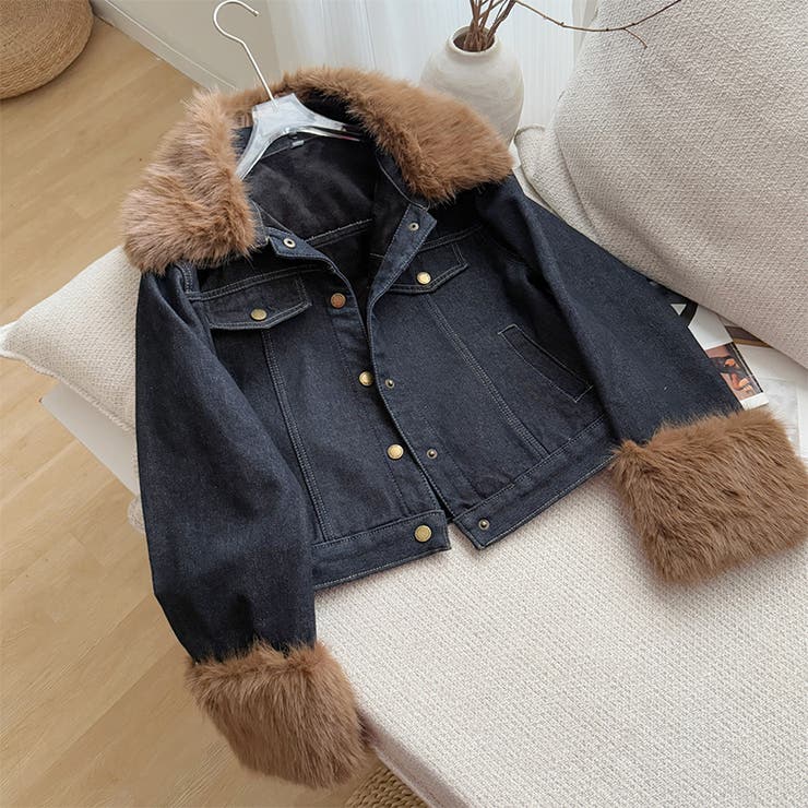 甘辛系ガールズ☆デニムジャケット フェイクファー襟付き裏起毛アウター | 17kg | 詳細画像4 