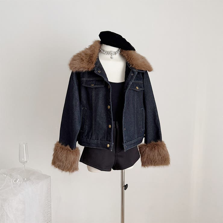 甘辛系ガールズ☆デニムジャケット フェイクファー襟付き裏起毛アウター | 17kg | 詳細画像6 