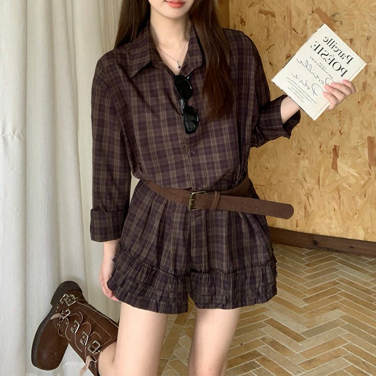 甘辛系ガールズ☆チェックシャツ＋ショートパンツ ゆるカジュアルセットアップ | 17kg | 詳細画像1 