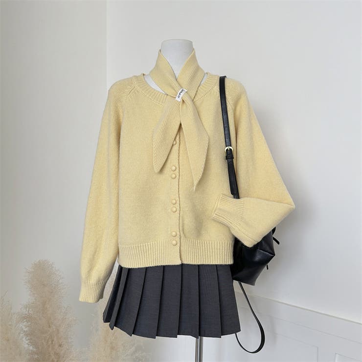 イエロー | 大人っぽく洗練された☆クルーネック黄ニットカーデマフラー2点 | 17kg