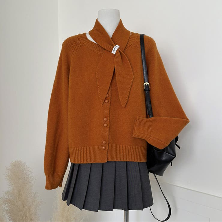 オレンジ | 大人っぽく洗練された☆クルーネック黄ニットカーデマフラー2点 | 17kg