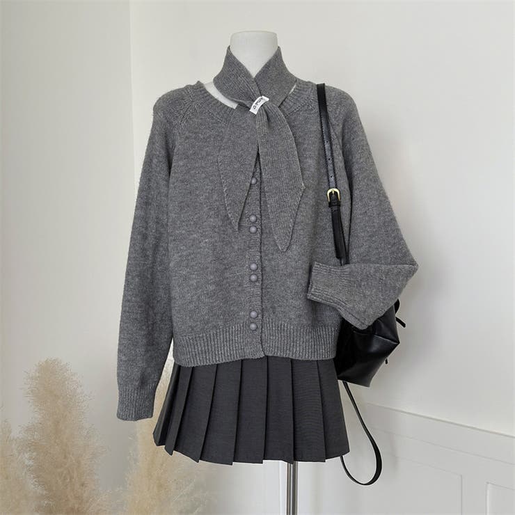 グレー | 大人っぽく洗練された☆クルーネック黄ニットカーデマフラー2点 | 17kg