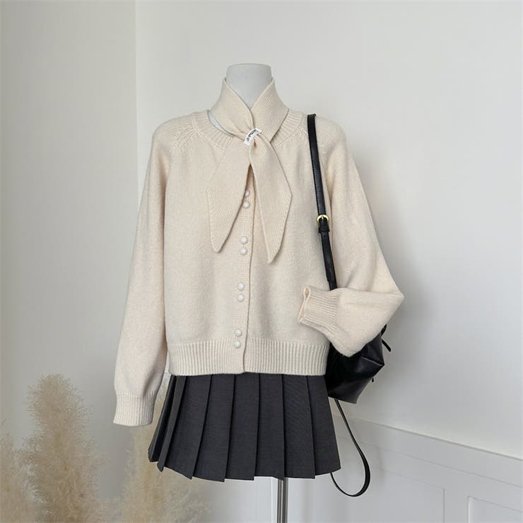 ベージュ | 大人っぽく洗練された☆クルーネック黄ニットカーデマフラー2点 | 17kg