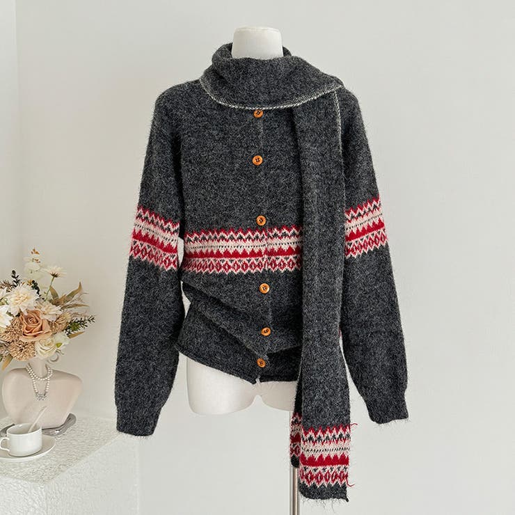 グレー | ゆるカワコーデ☆ジャカードカーデマフラー付保温ニット | 17kg