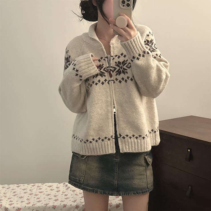 レトロな学院風柄物！レトロジャカード甘めダブルジップニットカーディガン | 17kg | 詳細画像8 