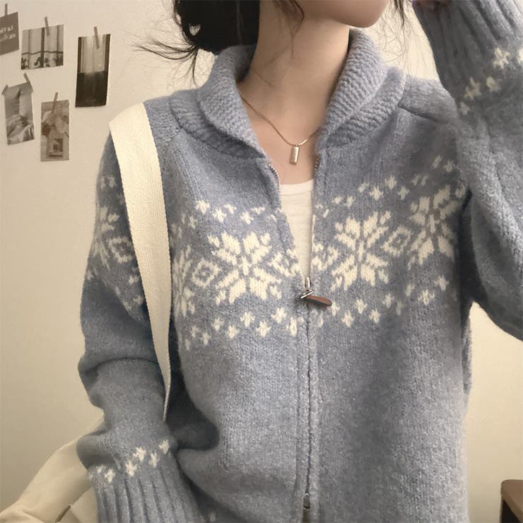 レトロな学院風柄物！レトロジャカード甘めダブルジップニットカーディガン | 17kg | 詳細画像13 