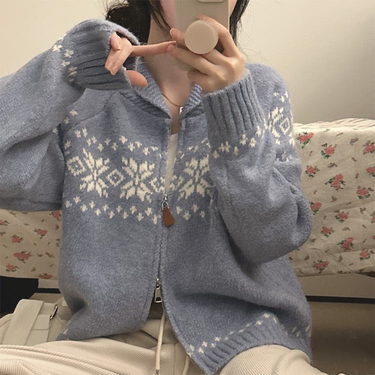 レトロな学院風柄物！レトロジャカード甘めダブルジップニットカーディガン | 17kg | 詳細画像14 