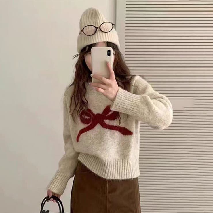 ベージュ | レトロな学院風柄物！カシミヤ蝶結びラウンドネックニットプルオーバー短丈 | 17kg