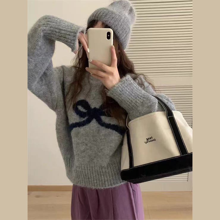 グレー | レトロな学院風柄物！カシミヤ蝶結びラウンドネックニットプルオーバー短丈 | 17kg