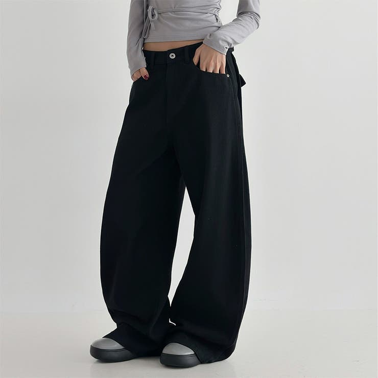 ブラック | ユニセックス☆高ウエスト無地オールシーズンワイドストレートパンツ | 17kg