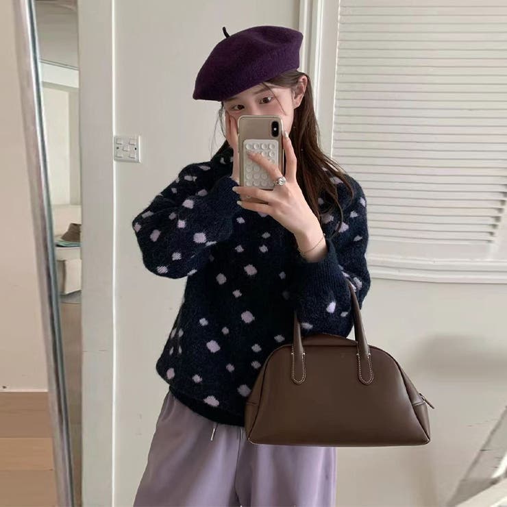 ネイビー | 甘辛系ガールズ☆ドット柄フード付厚手ニットセーター大人可愛いトップス | 17kg