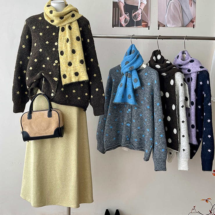 ゆるカワコーデ☆ドット柄ニットカーディガンマフラー付2点セット | 17kg | 詳細画像1 