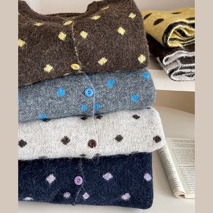 ゆるカワコーデ☆ドット柄ニットカーディガンマフラー付2点セット | 17kg | 詳細画像7 