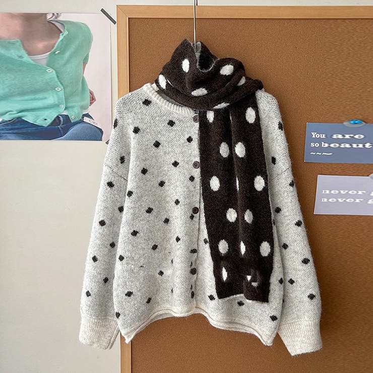 ホワイト | ゆるカワコーデ☆ドット柄ニットカーディガンマフラー付2点セット | 17kg