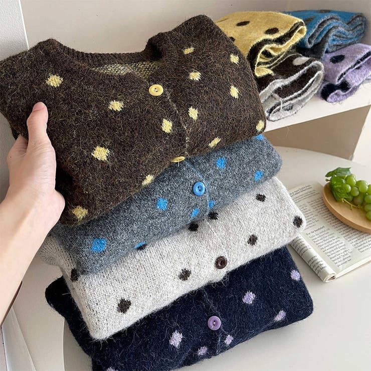 ゆるカワコーデ☆ドット柄ニットカーディガンマフラー付2点セット | 17kg | 詳細画像5 