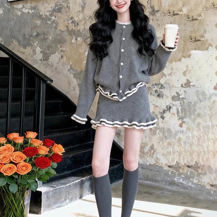 甘辛系ガールズ☆学院風コーデニットカーディガン＋スカート甘め2点セット | 17kg | 詳細画像1 