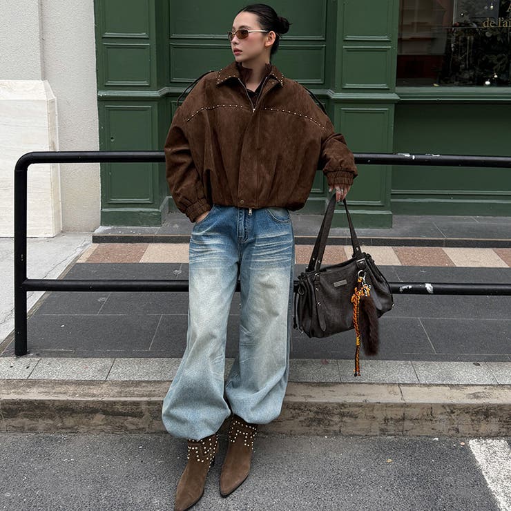 ユニセックス☆ストリート系レトロスエード調スタッズ付きフライトジャケット | 17kg | 詳細画像2 