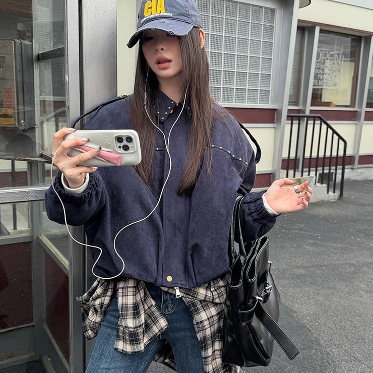 ネイビー | ユニセックス☆ストリート系レトロスエード調スタッズ付きフライトジャケット | 17kg