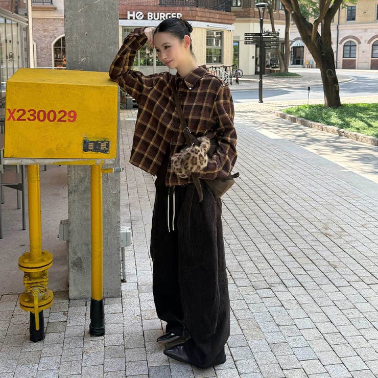 ユニセックス☆ストリート系レトロ配色ブラウン系起毛チェックシャツ | 17kg | 詳細画像5 