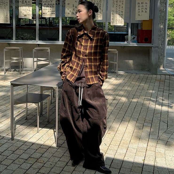 ユニセックス☆ストリート系レトロ配色ブラウン系起毛チェックシャツ | 17kg | 詳細画像2 