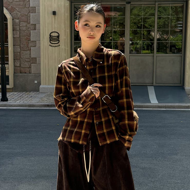 ユニセックス☆ストリート系レトロ配色ブラウン系起毛チェックシャツ | 17kg | 詳細画像3 