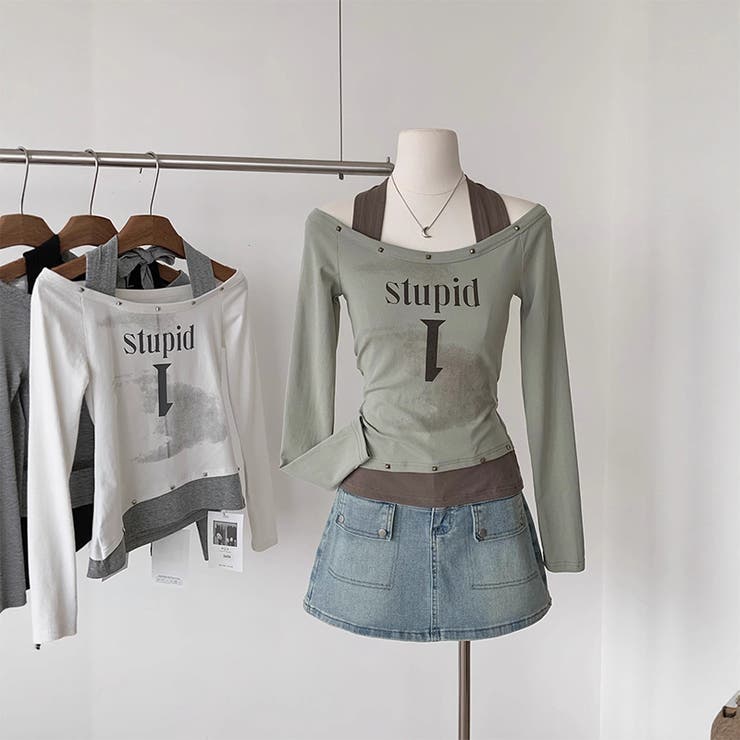 グリーン | 甘辛系ガールズ☆ホルターネックプリント入りトップス假2枚風 | 17kg