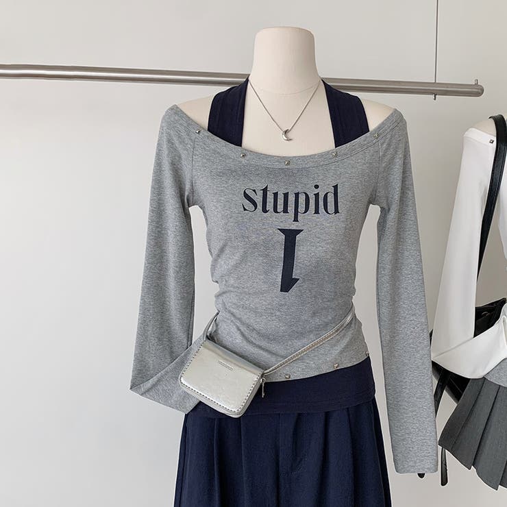 グレー | 甘辛系ガールズ☆ホルターネックプリント入りトップス假2枚風 | 17kg