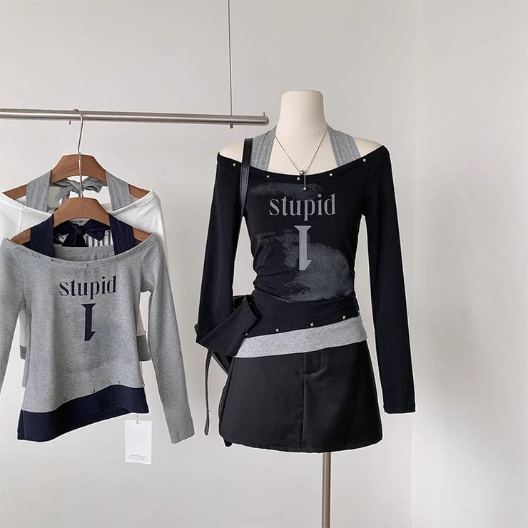 ブラック | 甘辛系ガールズ☆ホルターネックプリント入りトップス假2枚風 | 17kg