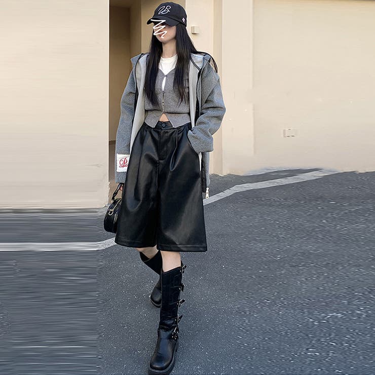 甘辛系ガールズ☆高品質PUレザーショートブーツパンツ五分丈ワイドパンツ | 17kg | 詳細画像6 