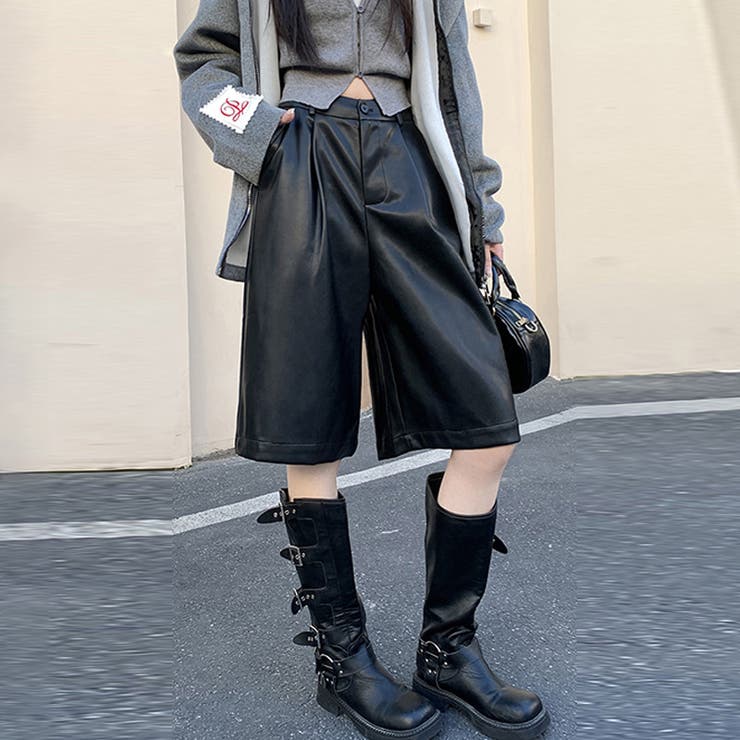 甘辛系ガールズ☆高品質PUレザーショートブーツパンツ五分丈ワイドパンツ | 17kg | 詳細画像13 