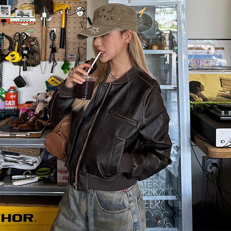 ユニセックス☆手作り色落ち加工ショート丈ライダースジャケットレザージャケット | 17kg | 詳細画像4 